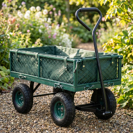 The Saxon Steel Mesh Garden Cart features large wheels and a sturdy handle, ideal for heavy-duty transport, shown here on a gravel path in a lush garden.