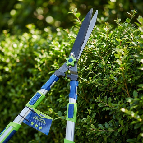 The Saxon Telescopic Hedge Shears, featuring durable carbon steel blades, are shown trimming a lush green bush in a sunlit garden—ideal for efficient and precise garden maintenance.