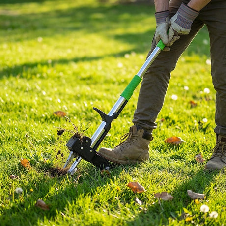 Using the Saxon Weed Puller, a person removes weeds by the roots from a grassy lawn, maintaining their garden under the sun.