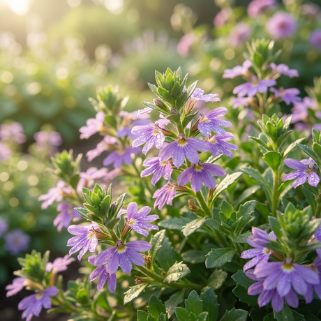 Fan Flower – Scaevola ‘Mauve Clusters’ features purple blooms and lush green leaves, creating an enchanting, dew-kissed groundcover in a sunny morning garden.