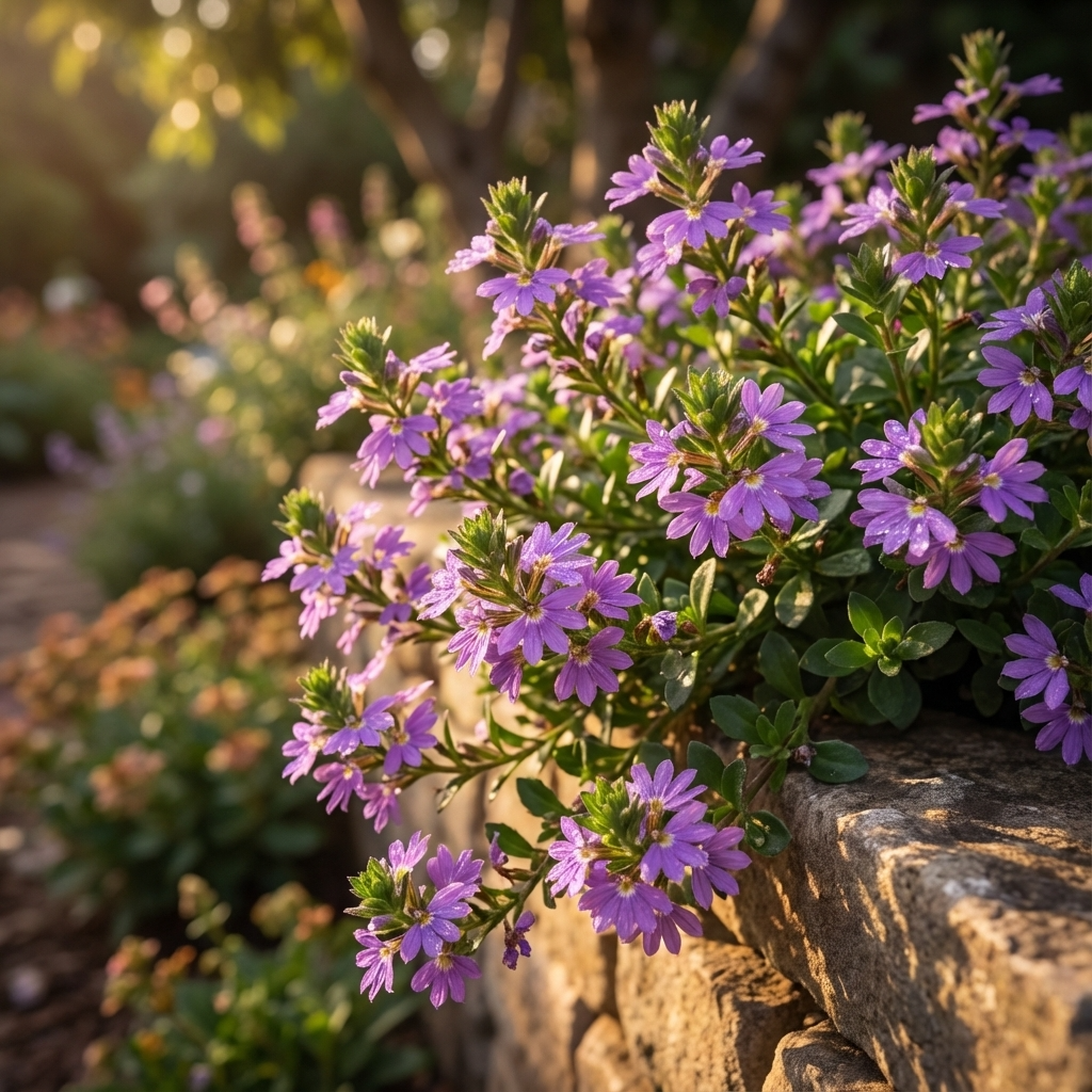 Fan Flower - Scaevola ‘Purple Fusion’ blooms vibrant purple beside a stone wall in golden sunlight—a beautiful, drought-tolerant groundcover perfect for any sunny landscape.