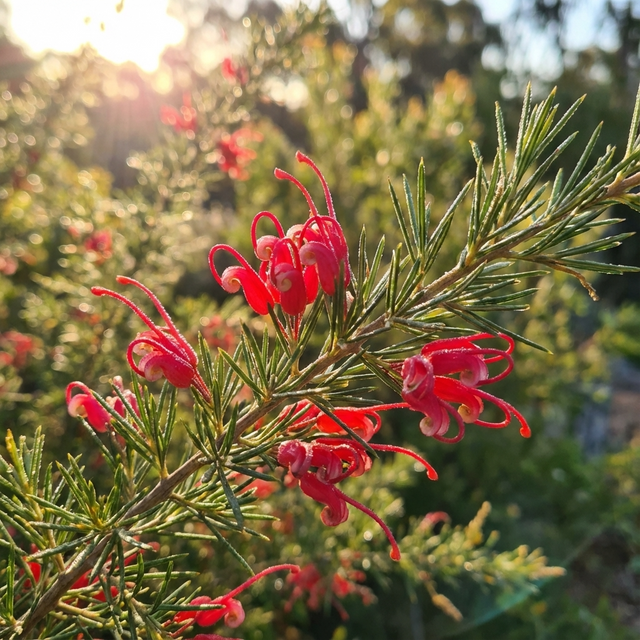 Close-up of Scarlet Sprite Grevillea (Grevillea rosmarinifolia 'Scarlet Sprite') with bright red flowers on spiky green stems, sunlit in the background—a drought-tolerant, bird-attracting shrub.