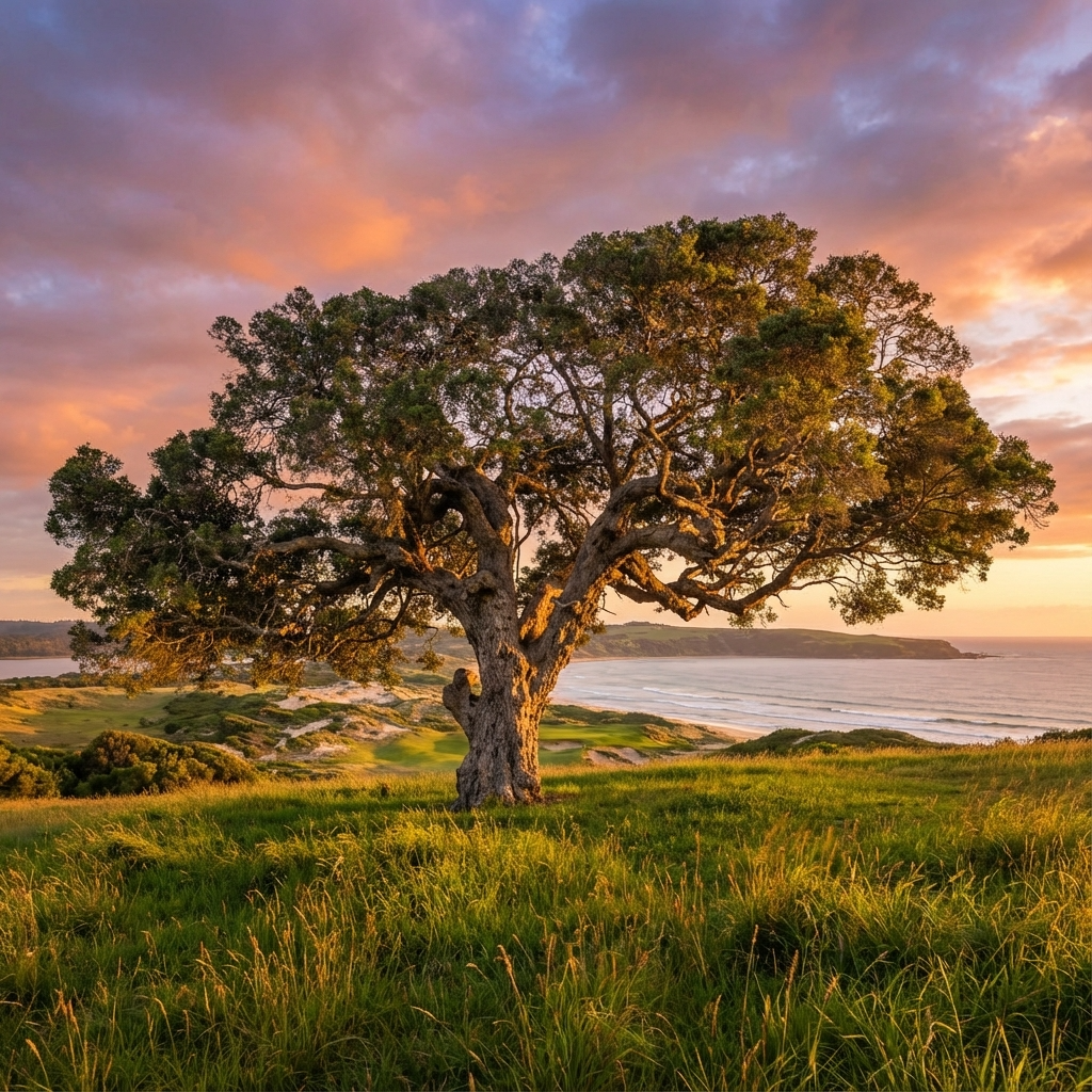 A large Scented Paperbark (Melaleuca squarrosa), an evergreen Australian native, stands on a grassy hill at sunset, overlooking the ocean beneath a colorful sky.