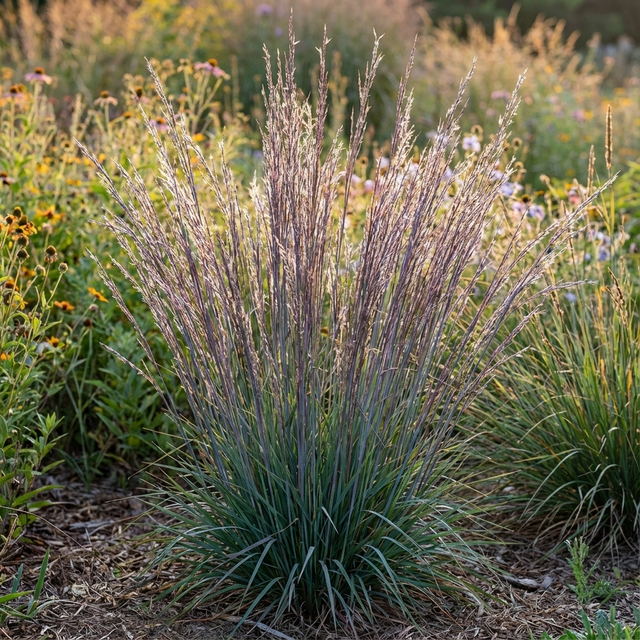 Little Bluestem Grass - Schizachyrium ‘Blue Paradise’ features tall, wispy seed heads and adds drought-tolerant beauty to sunlit gardens filled with wildflowers.