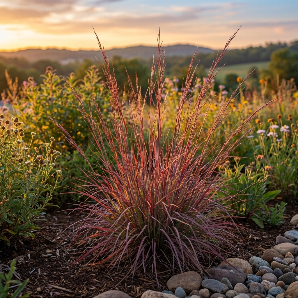 Little Bluestem Grass - Schizachyrium ‘Standing Ovation’ glows in the evening sun, bringing vibrant color to your garden and beautifully complementing flowers and rolling hills in the background.