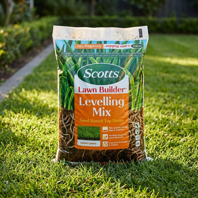 Bag of Scotts Lawn Builder 20L Levelling Mix on a green lawn with sunlight in the background, ideal for quick and easy lawn repair.