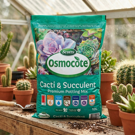 A bag of Scotts Osmocote 10L Cacti And Succulent Premium Potting Mix is displayed on a greenhouse table, surrounded by healthy potted succulents.