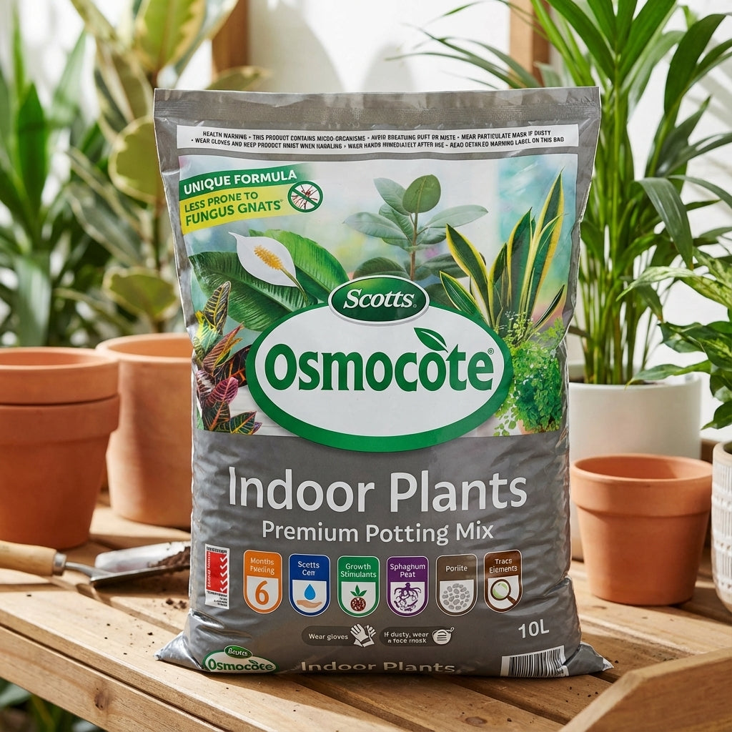 A 10L bag of Scotts Osmocote Indoor Plants Premium Potting Mix sits on a wooden table with empty pots and green plants, ideal for indoor planting and effective at controlling fungus gnats.
