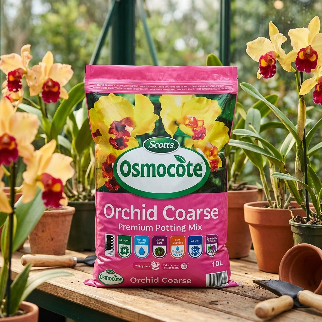 A bag of Scotts Osmocote 10L Orchid Coarse Potting Mix rests on a wooden table surrounded by potted epiphytic orchids in a greenhouse.