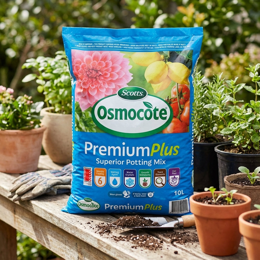 A bag of Scotts Osmocote 10L Premium Plus Superior Potting Mix, featuring moisture retention and controlled release fertiliser, rests on a wooden table beside potted plants and gardening tools.