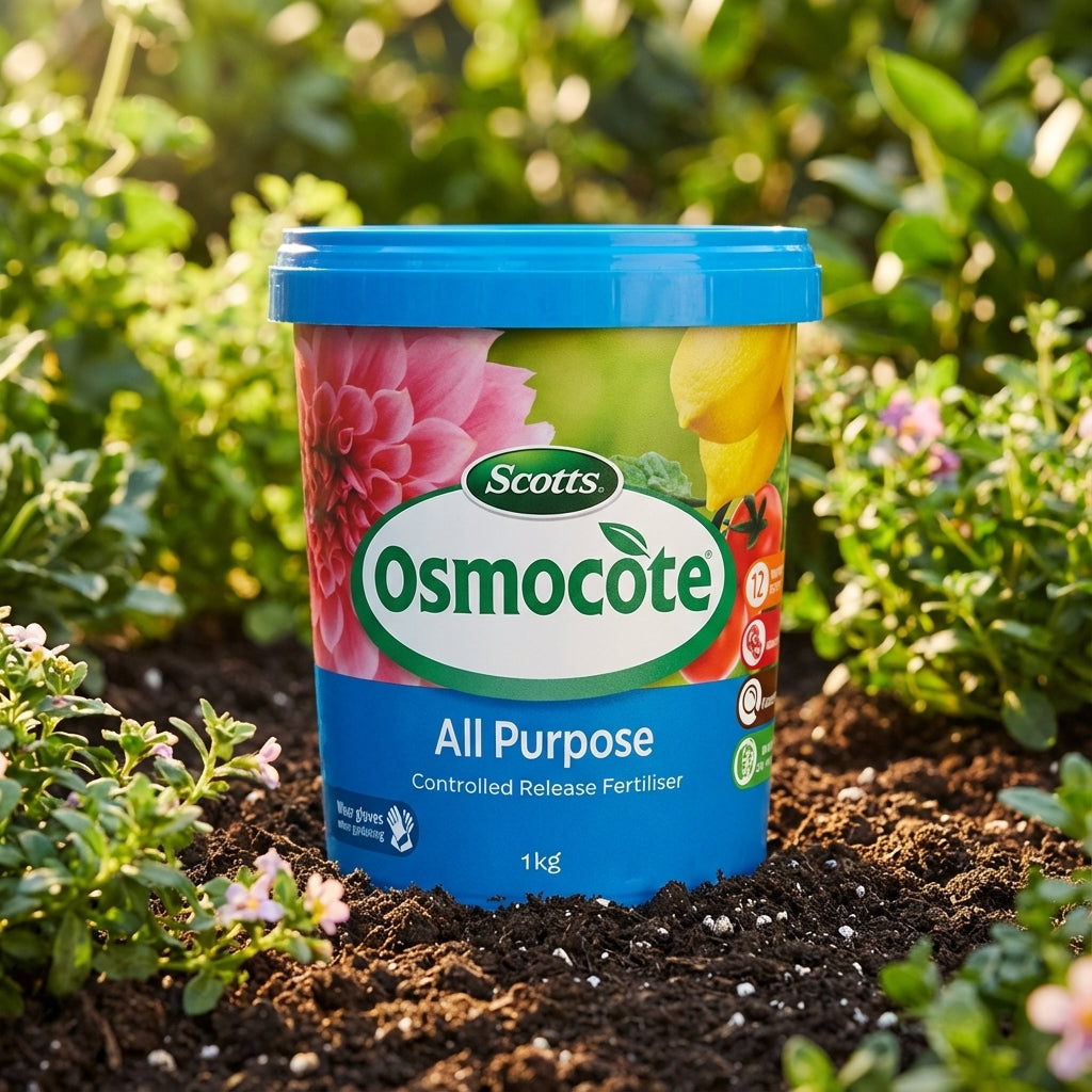 A tub of Scotts Osmocote 1kg All Purpose Controlled Release Fertiliser sits on garden soil, surrounded by lush green plants.