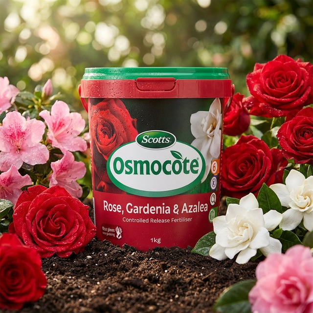A 5kg tub of Richgro Natural Dolomite Lime sits among blooming roses, gardenias, and azaleas in a vibrant garden, ready to reduce soil acidity and promote healthier plants.