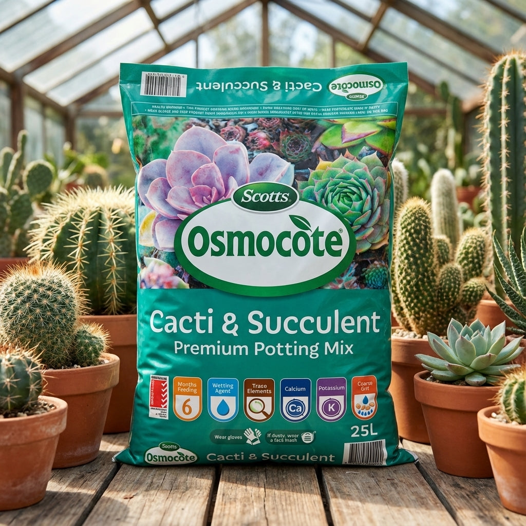 A 25L bag of Scotts Osmocote Cacti And Succulent Premium Potting Mix stands among potted cacti in a greenhouse, ready to nourish your growing collection.