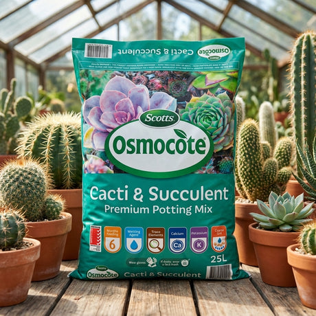 A 25L bag of Scotts Osmocote Cacti And Succulent Premium Potting Mix stands among potted cacti in a greenhouse, ready to nourish your growing collection.