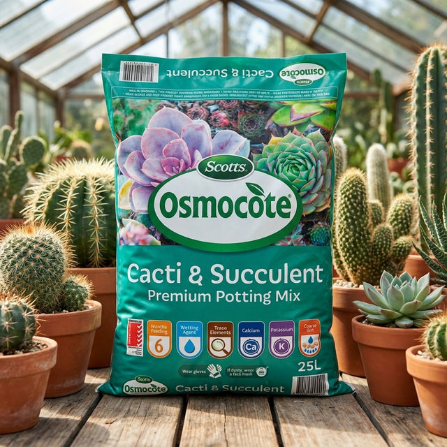 A 25L bag of Scotts Osmocote Cacti And Succulent Premium Potting Mix stands among potted cacti in a greenhouse, ready to nourish your growing collection.