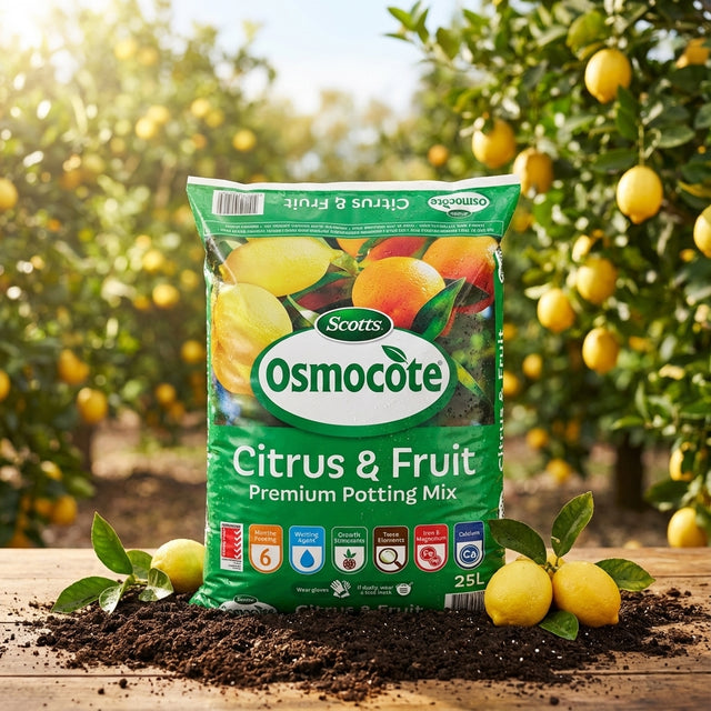 A bag of Scotts Osmocote 25L Citrus And Fruit Premium Potting Mix on soil, with lemons and lemon trees in the background.