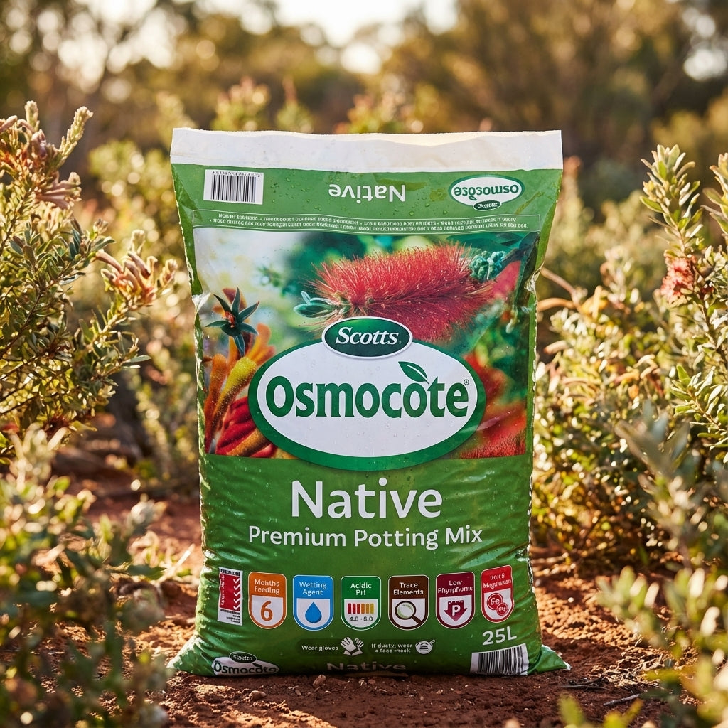 A 25L bag of Scotts Osmocote Native Premium Potting Mix, formulated with low phosphorus for Australian natives, sits among native plants outdoors.