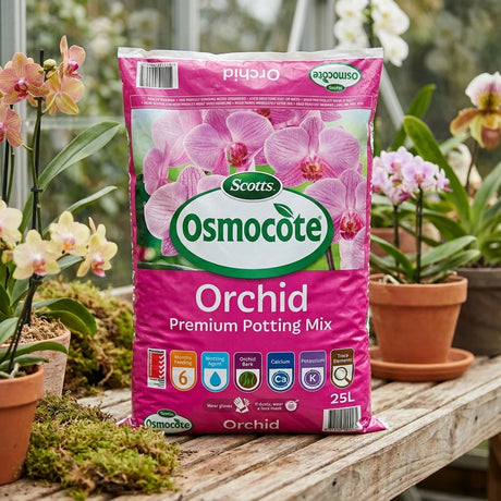 A 25L bag of Scotts Osmocote Orchid Premium Potting Mix rests on a wooden bench surrounded by potted orchids in a greenhouse.