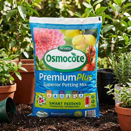 A bag of Scotts Osmocote 25L Premium Plus Superior Potting Mix is shown among potted plants, providing superior moisture retention and controlled release fertiliser to support healthy plant growth.