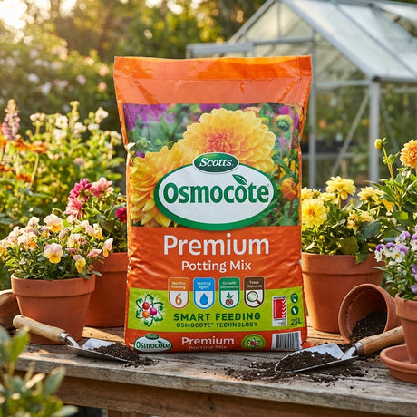 A 25L bag of Scotts Osmocote Premium Potting Mix rests on a garden table, surrounded by potted flowers and a greenhouse, highlighting its advanced plant nutrition technology.