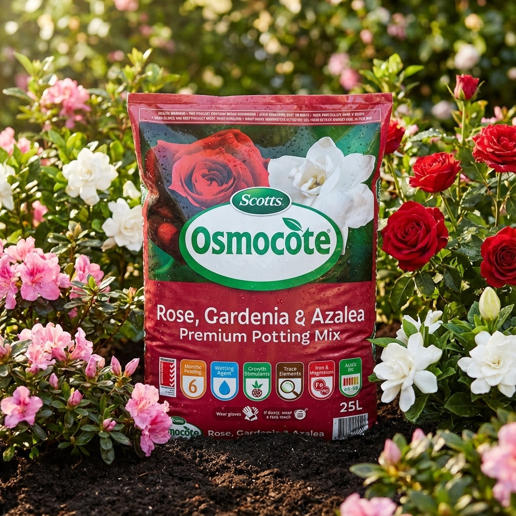 Scotts Osmocote 25L Rose Gardenia And Azalea Premium Potting Mix bag in a garden, surrounded by blooming roses, gardenias, and azaleas.