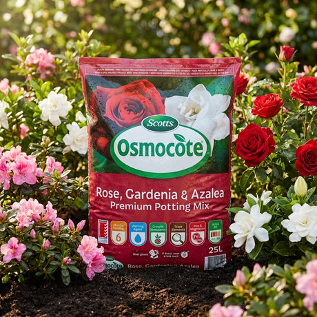 Scotts Osmocote 25L Rose Gardenia And Azalea Premium Potting Mix bag in a garden, surrounded by blooming roses, gardenias, and azaleas.