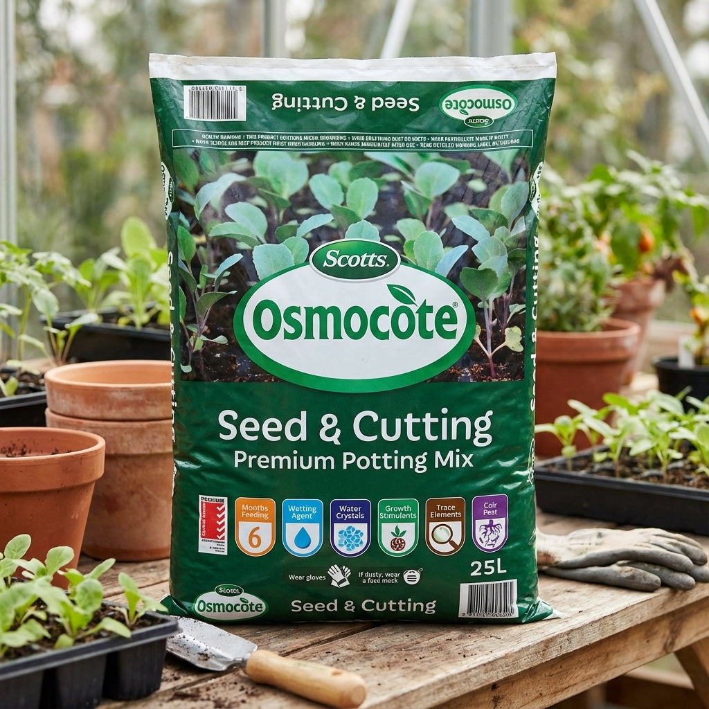 A 25L bag of Scotts Osmocote Seed and Cutting Premium Potting Mix rests on a potting bench surrounded by potted seedlings, providing an ideal environment for seed germination and propagation.