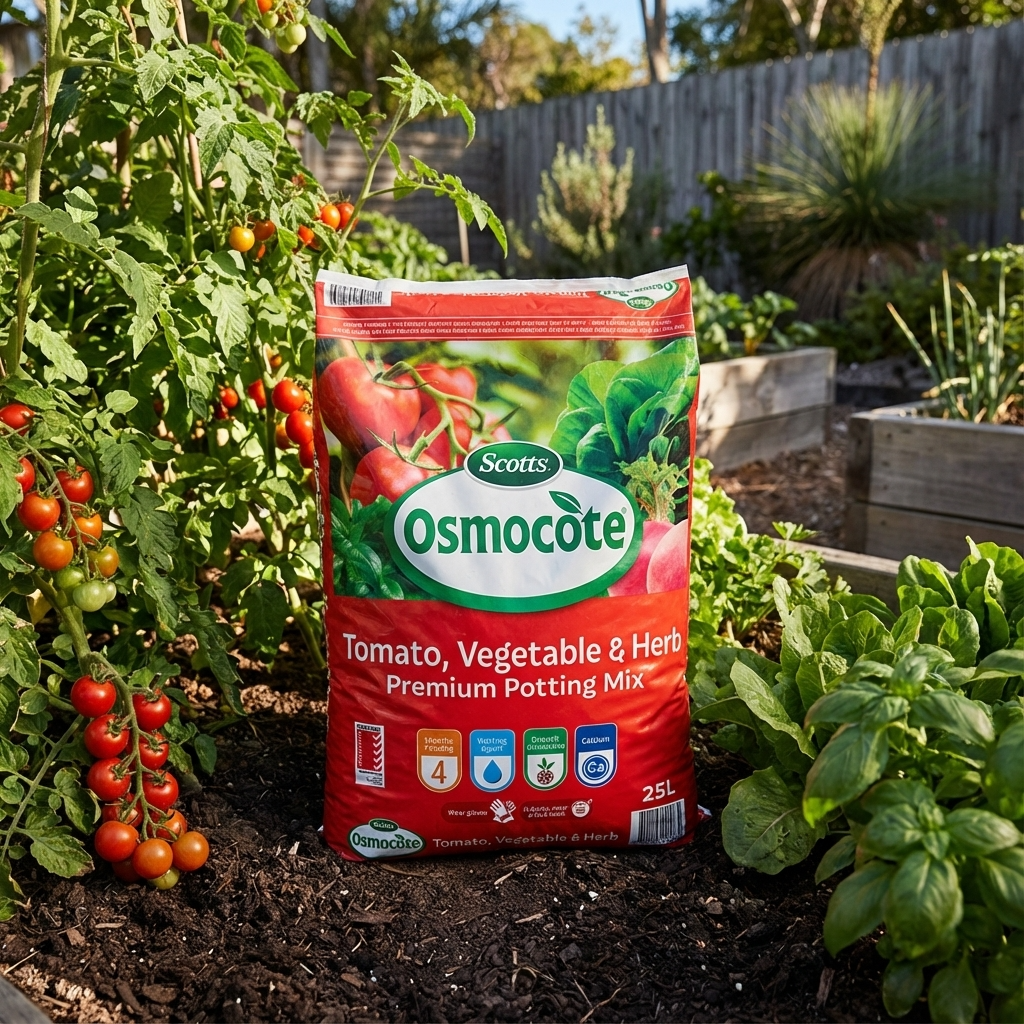 A bag of Scotts Osmocote 25L Tomato Vegetable And Herb Premium Potting Mix is placed in a vegetable garden with tomatoes and herbs growing nearby.