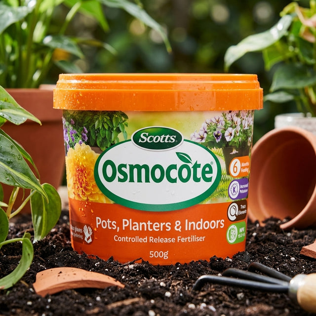 A tub of Scotts Osmocote 500g Pots, Planters & Indoors Controlled Release Fertiliser rests on soil, surrounded by lush plants and gardening tools.