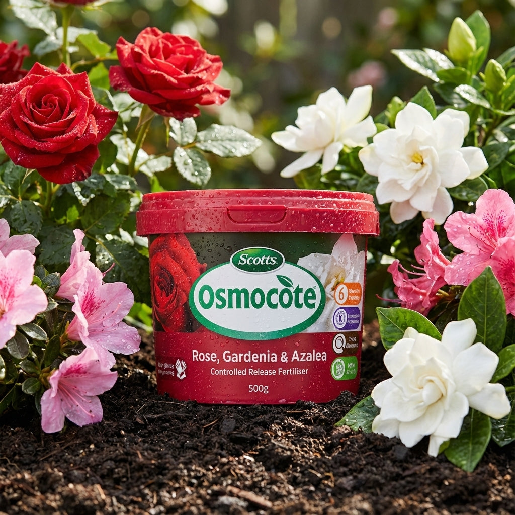 A tub of Scotts Osmocote 500g Roses, Gardenias, Azaleas and Camellias Controlled Release Fertiliser sits in soil among red roses and white gardenias, nourishing acid-loving plants for vibrant growth.