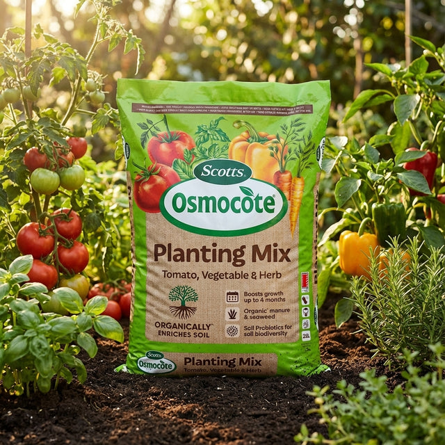 A bag of Scotts Osmocote Plus 25L Tomato, Vegetable & Herb Premium Planting Mix in a garden with healthy tomatoes, peppers, and herbs growing nearby.
