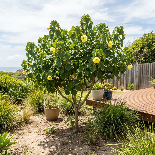A Sea Hibiscus (Hibiscus tiliaceus), a small coastal tree with yellow flowers, grows by a wooden deck amid lush greenery and potted plants.