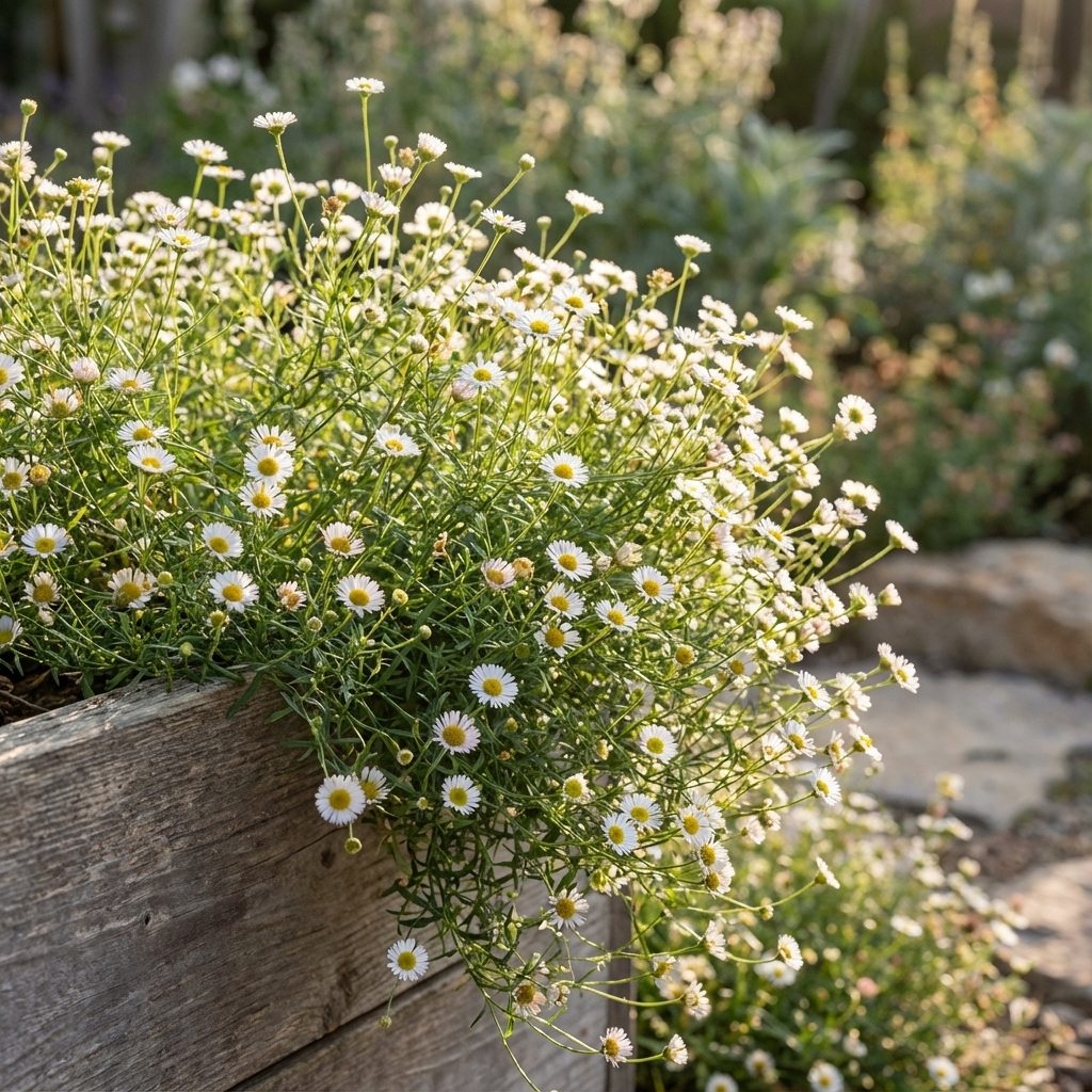 Seaside Daisy - Erigeron karvinskianus, a drought-tolerant plant with small white blooms, spills gracefully over a wooden planter in a sunlit garden.