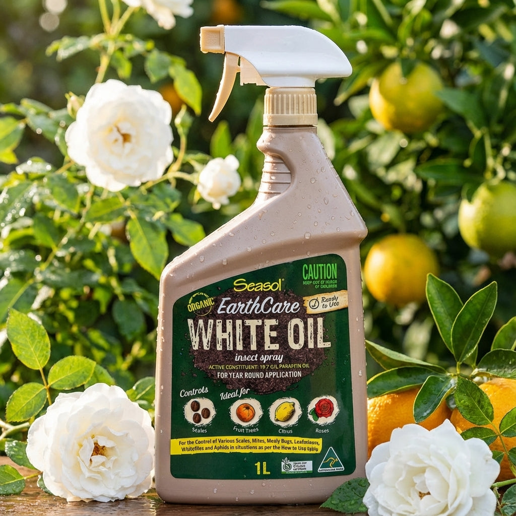 A bottle of Richgro 2L Hose On Lawn Beetle And Grub Killa, designed to control lawn beetles and grubs, is displayed outdoors among white roses and citrus fruits.