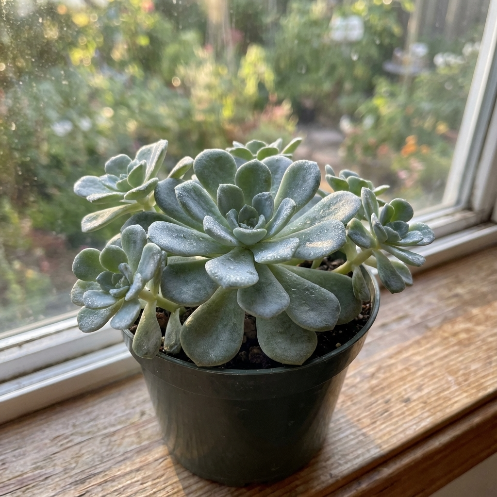 The drought-tolerant Sedum ‘Silver Mound’ – Succulent sits in a small pot on the windowsill, thriving in the sunlight streaming through the window.