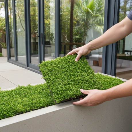 A person places a square piece of Selaginella spp. Green, featuring moss-like foliage, onto a concrete outdoor surface near glass doors.