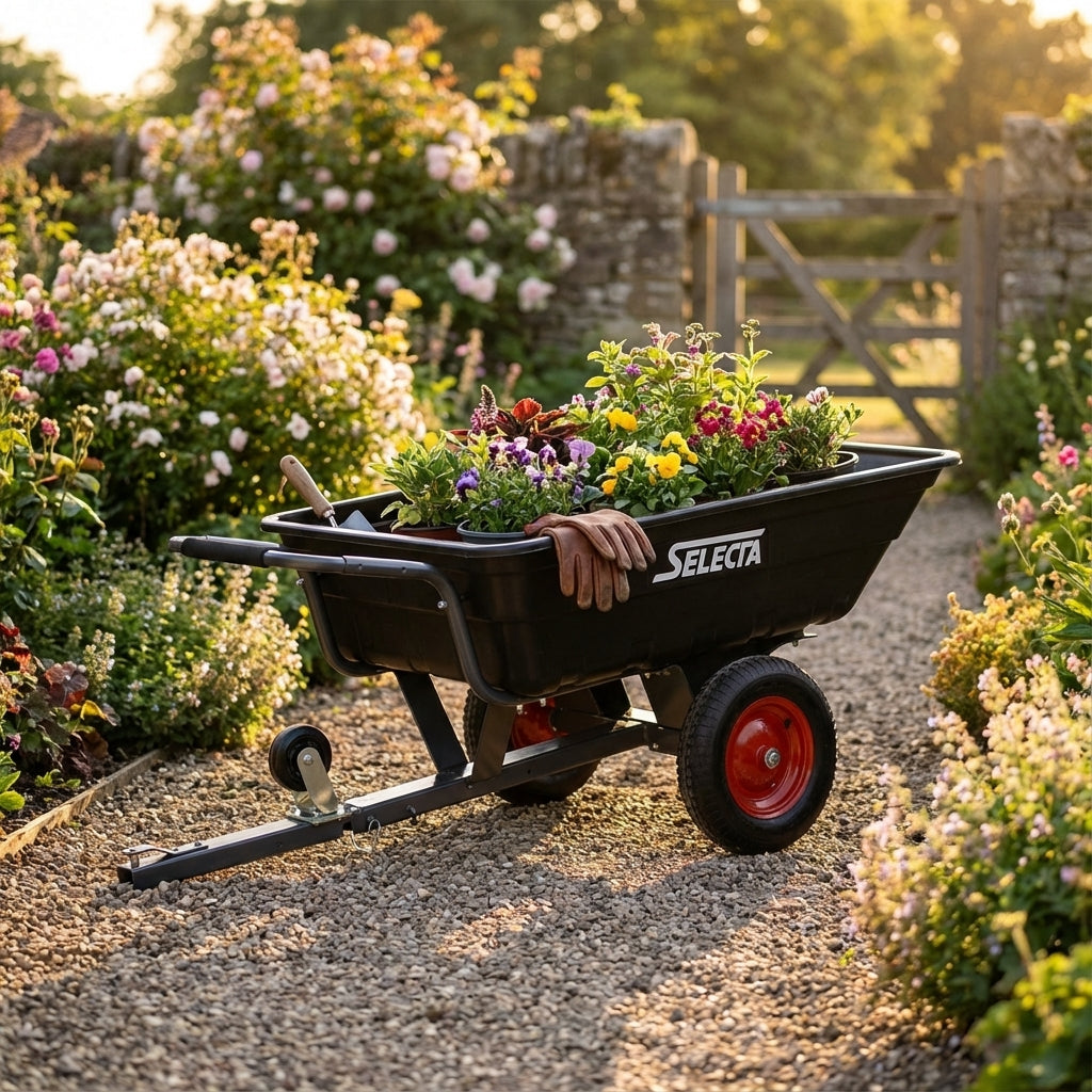 The Selecta Poly Tilt Garden Cart - 235 Litres, filled with colorful flowers and gardening tools, sits on a gravel path in a sunny garden.