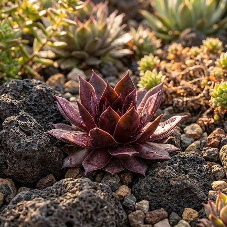Sempervivum ‘Onyx’ – Succulent features a striking dark purple to black rosette, thriving in sunlight among rocks and gravel, and is drought tolerant. It pairs well with other succulents in the garden.
