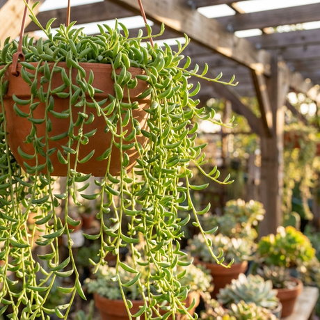 A hanging basket of Senecio radicans – String of Bananas, a distinctive trailing succulent, displayed among other potted plants in a sunlit garden.