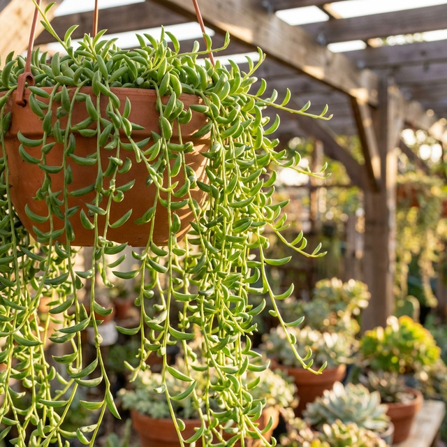 A hanging basket of Senecio radicans – String of Bananas, a distinctive trailing succulent, displayed among other potted plants in a sunlit garden.