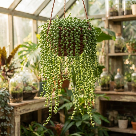 Senecio ‘Teardrops’ – Succulent hangs gracefully in a sunlit greenhouse among an array of potted plants and vibrant greenery.