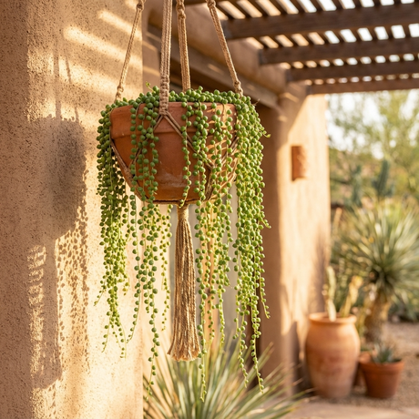 Showcasing String of Pearls – Senecio rowleyanus in a hanging pot on a sunny patio with desert plants nearby. This lush trailing succulent is perfect as a striking indoor display or an impressive outdoor accent.
