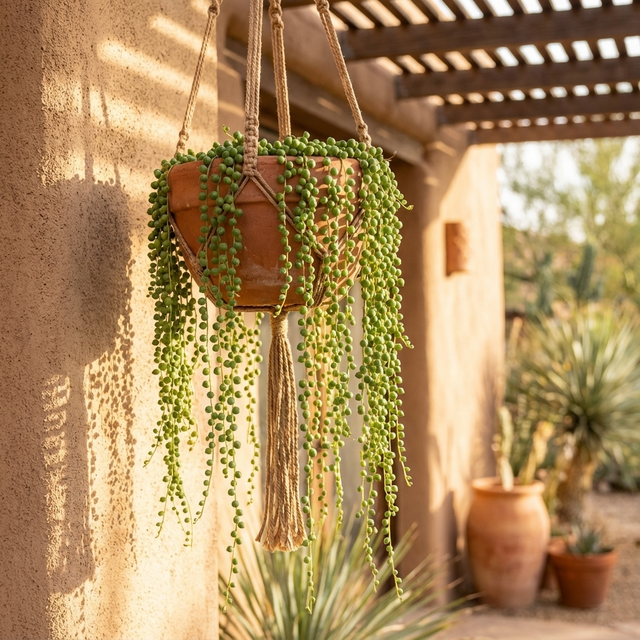 Showcasing String of Pearls – Senecio rowleyanus in a hanging pot on a sunny patio with desert plants nearby. This lush trailing succulent is perfect as a striking indoor display or an impressive outdoor accent.
