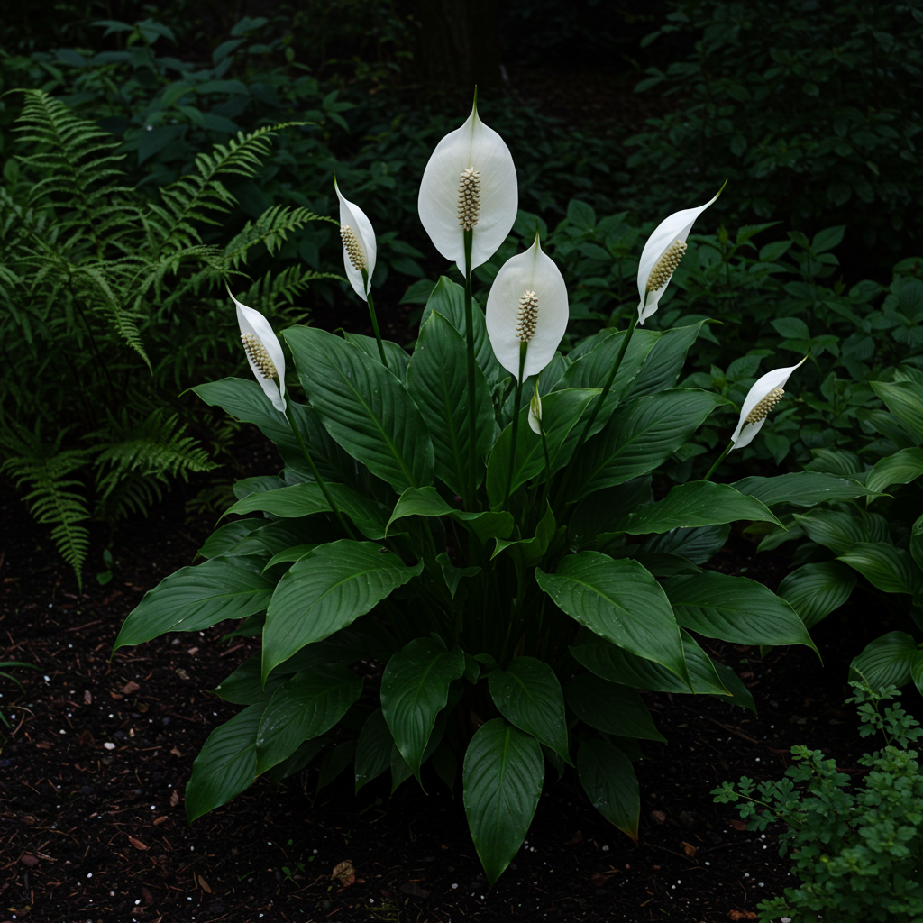 The Sensation Peace Lily - Spathiphyllum 'Sensation' features white blooms and dark green leaves, thrives in shaded gardens, and stands out as a striking air-purifying plant.