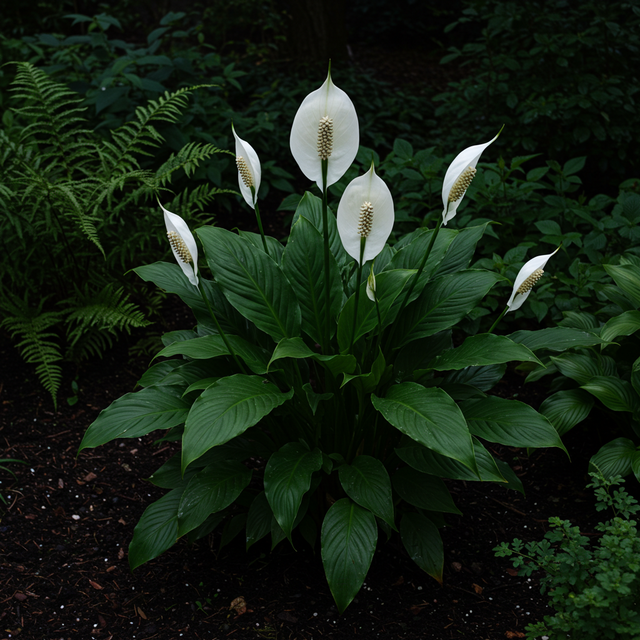 The Sensation Peace Lily - Spathiphyllum 'Sensation' features white blooms and dark green leaves, thrives in shaded gardens, and stands out as a striking air-purifying plant.