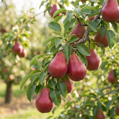 Sensation Pear (Pyrus communis 'Sensation') fruit, with a red blush, hangs from a tree branch in a vibrant home orchard on a sunny day.
