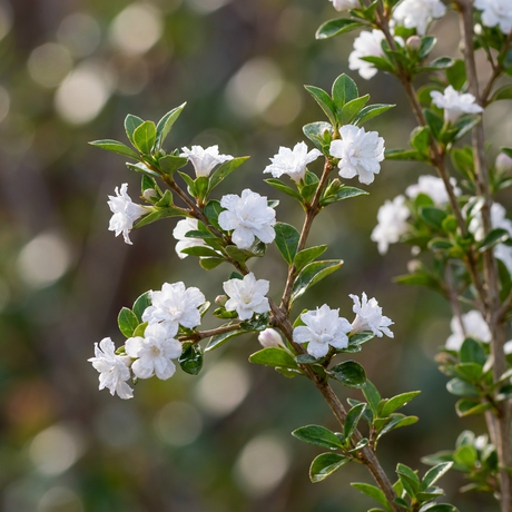 A Serissa ‘Flore Pleno’ branch displays double white flowers and green leaves against a blurred natural background.
