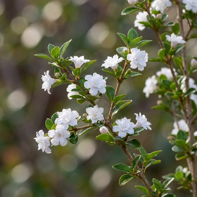 A Serissa ‘Flore Pleno’ branch displays double white flowers and green leaves against a blurred natural background.
