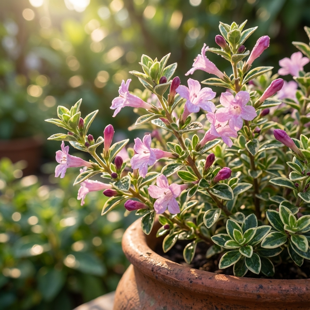 A clay pot with Serissa ‘Snow Leaves Pink’, a compact evergreen shrub with variegated leaves and light purple flowers, basks in the garden sunshine.