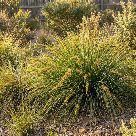 A large clump of Shara Lomandra - Lomandra fluviatilis 'Shara'™, a low-maintenance plant, thrives in a garden with shrubs and a wooden fence in the background.